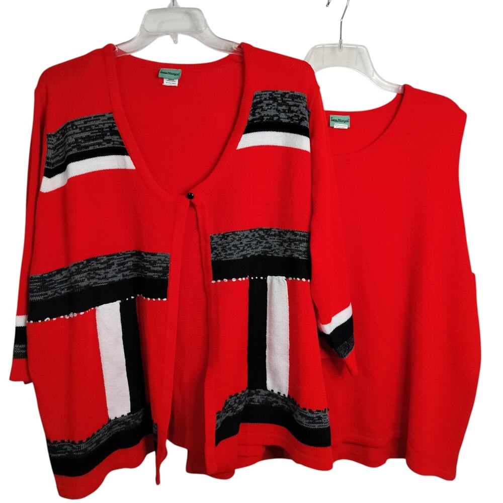 5171)Vintage Sara Morgan Twinset Colorblock Open Front Cardigan and Tank Plus 4X